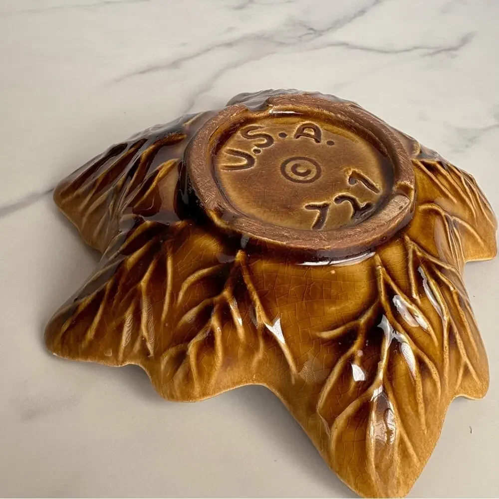 Vintage USA Pottery 721 Leaf Bowl Dish Brown Red Green Glaze Mid Century Decor